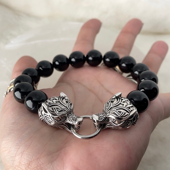 Men or women Rocker viking stainless steel tribal wolfs heads & genuine onyx - Picture 8 of 16